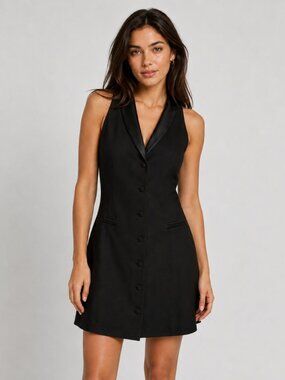 Zara Halter Tuxedo Backless Blazer Dress Black Size Small
